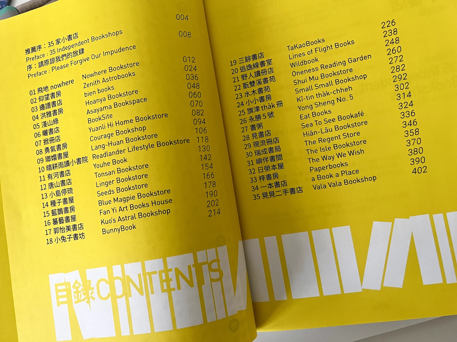 Contents page of book, black text on yellow